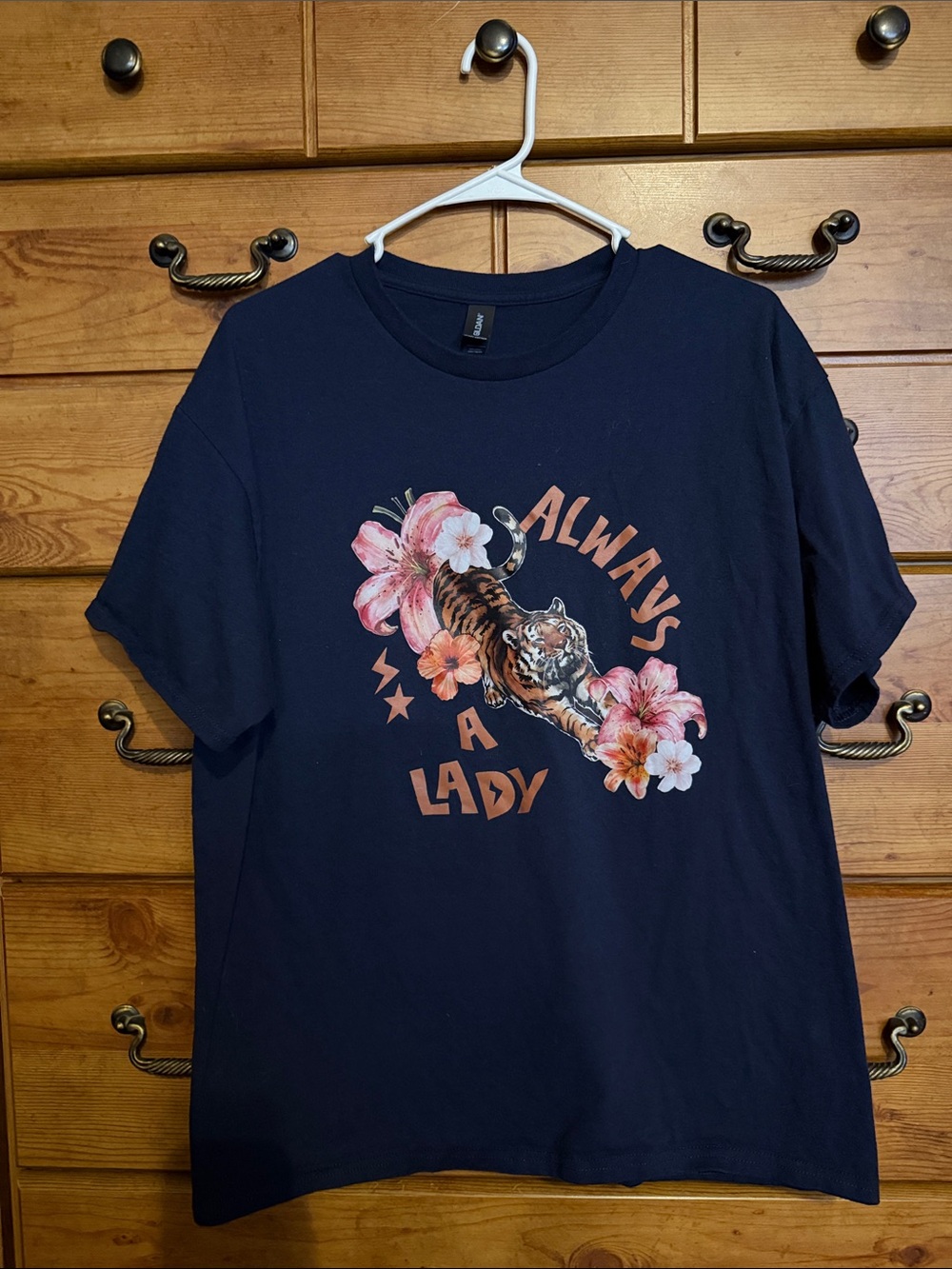 Gildan Navy Tee with Floral Tiger 'Always a Lady' Graphic